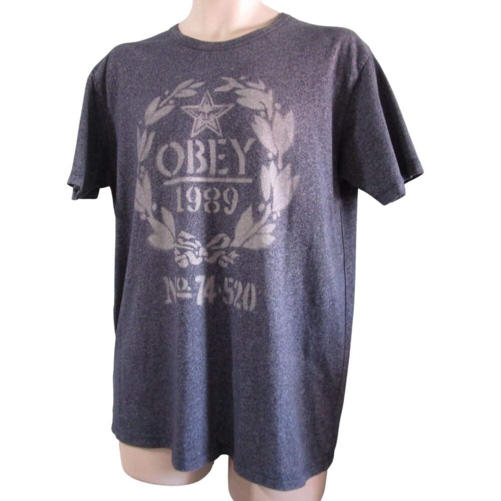 Obey 1989 Graphic Tee Shirt L Made In USA Cotton Poly Heather Gray Mens GUC